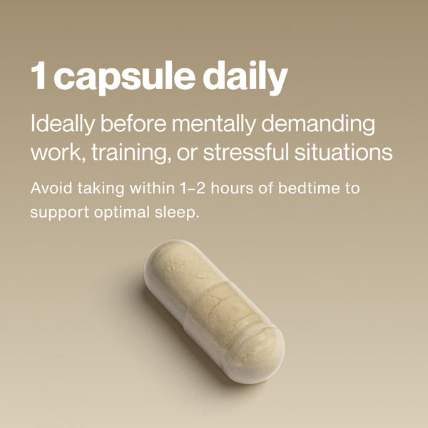 Instruction text explaining to take one Tyrosine capsule daily before mentally demanding work, training, or stressful situations, with a note to avoid taking it within 1-2 hours of bedtime, shown above a single beige capsule on a neutral background.