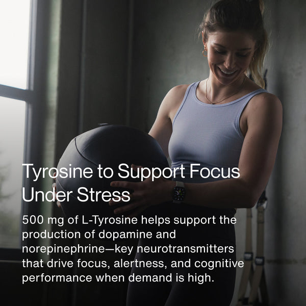 A smiling woman in workout attire holding a medicine ball with text describing Tyrosine as supporting focus under stress by aiding dopamine and norepinephrine production for cognitive performance.