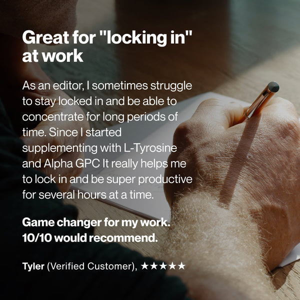 Tyrosine wellness supplement testimonial image showing a person writing at a desk with text about focus concentration and productivity at work