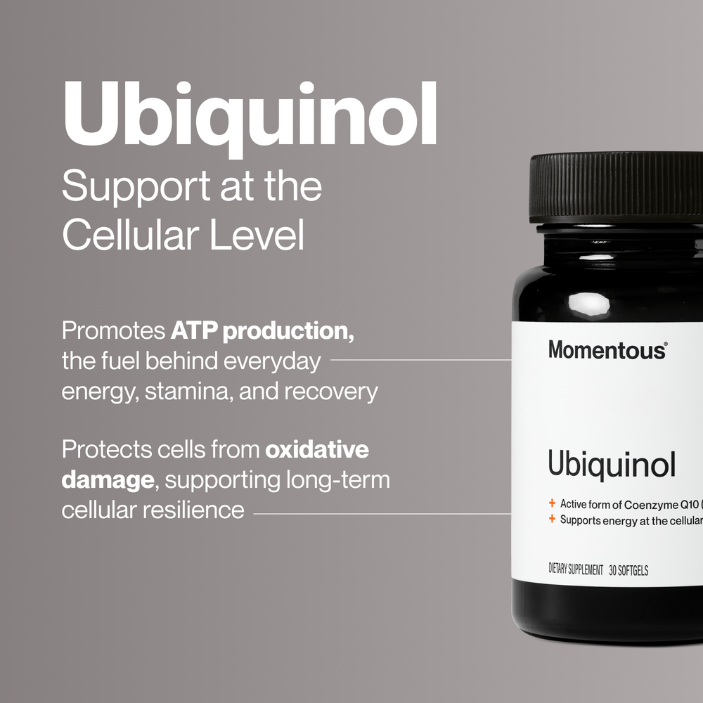 Ubiquinol wellness supplement bottle with black cap and white label featuring Coenzyme Q10 for cellular energy support