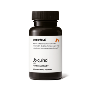 Bottle of Ubiquinol dietary supplement by Momentous featuring 30 softgels, promoting energy production and cardiovascular health with antioxidant Coenzyme Q10.