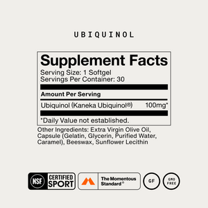 Ubiquinol wellness supplement facts panel showing one softgel serving with 100 mg Kaneka Ubiquinol and 30 servings per container with certification seals