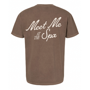 Brown vintage-style unisex t-shirt with "Meet Me At The Spa" printed on the back, part of the Meet Me At The Spa Retro Unisex T-Shirt | Lucky Owl collection.