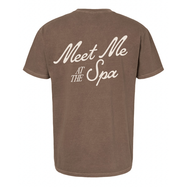 Brown vintage-style unisex t-shirt with "Meet Me At The Spa" printed on the back, part of the Meet Me At The Spa Retro Unisex T-Shirt | Lucky Owl collection.