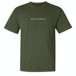 Olive green short-sleeve cotton t-shirt with the phrase "HEALTH IS WEALTH" printed in white text across the chest, featuring the product name Health Is Wealth T-Shirt | Lucky Owl.