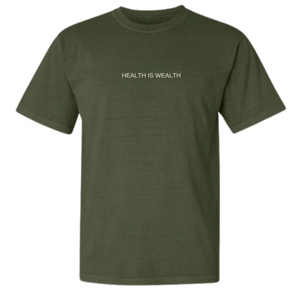Olive green short-sleeve cotton t-shirt with the phrase "HEALTH IS WEALTH" printed in white text across the chest, featuring the product name Health Is Wealth T-Shirt | Lucky Owl.