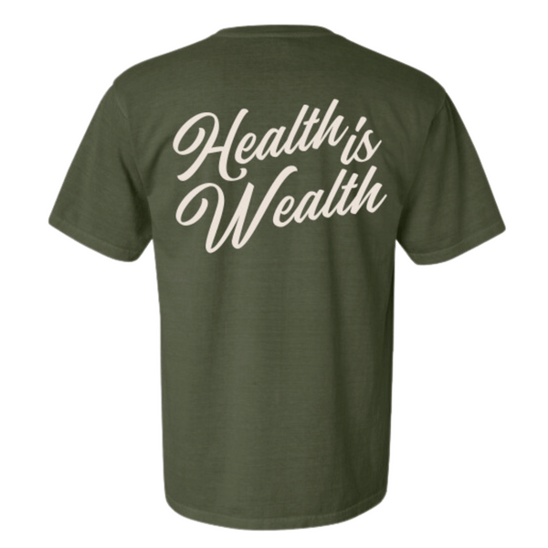 Olive green t-shirt with white cursive "Health is Wealth" text on the back, featuring the design of the Health Is Wealth T-Shirt | Lucky Owl.