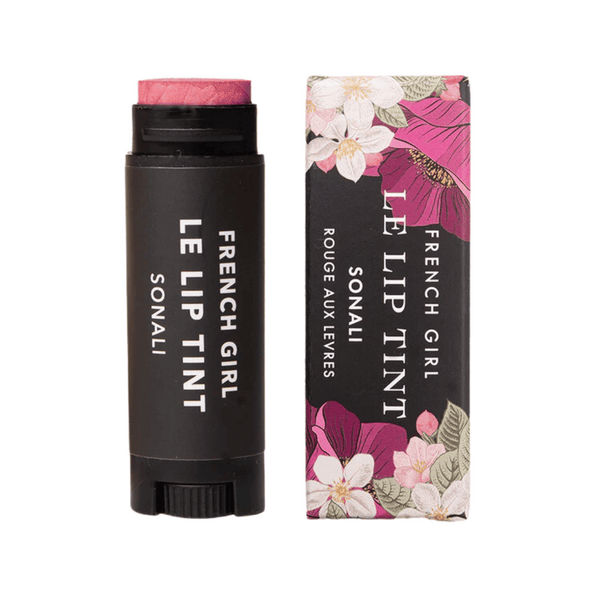 Le Lip Tint | French Girl in a pink shade with a black tube and matching floral-patterned box, perfect for natural lip color enhancement and skincare.