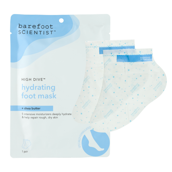 High Dive Hydrating Foot Mask | Barefoot Scientist packaging with two moisturizing foot masks designed to deeply hydrate and repair rough, dry skin with shea butter.