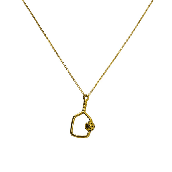 Pickleball Gold Necklace | Love You More featuring a delicate gold chain and a pendant shaped like a pickleball paddle with a textured ball, symbolizing affection and sport.