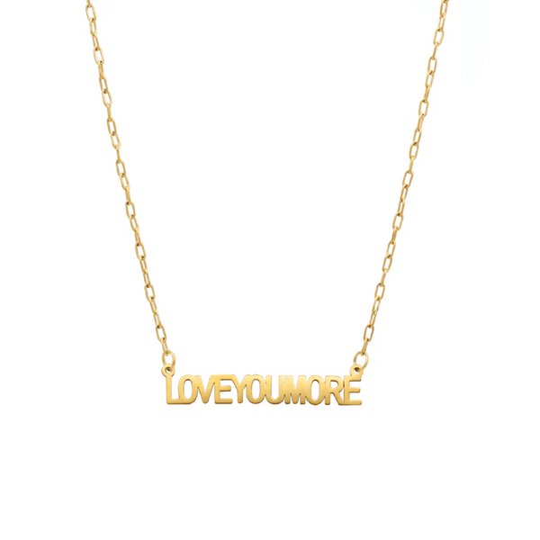 Delicate gold chain necklace featuring a horizontal bar pendant with the inscription Love You More crafted in elegant letters, Love You More Bar Gold Necklace | Love You More.