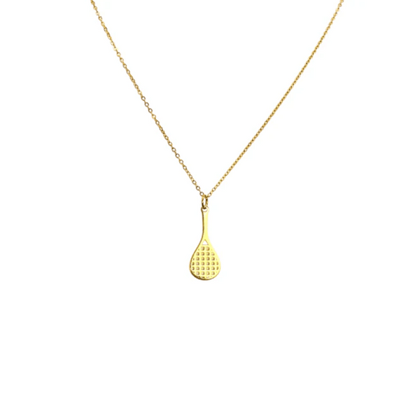 Love Wins Tennis Gold Necklace | Love You More featuring a delicate gold chain with a small tennis racket pendant, perfect for tennis lovers and elegant everyday wear.