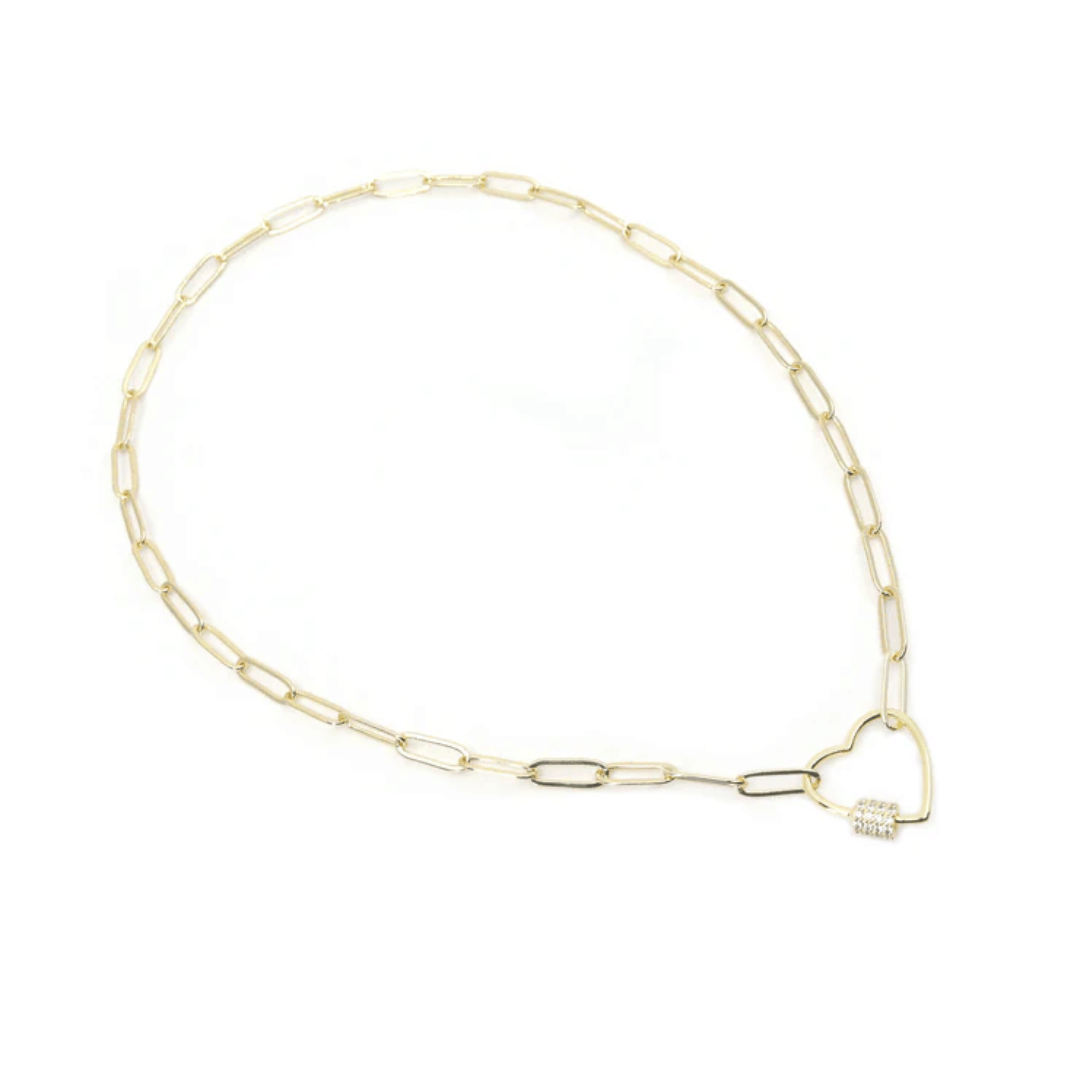 Heart Link Gold Paperclip Chain Necklace (18" / White Crystal Studded) | Love You More