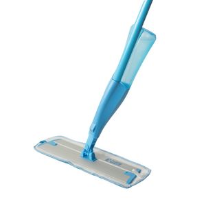 Blue microfiber spray mop with a refillable liquid container and flat rectangular cleaning pad, designed for efficient floor cleaning, called Microfiber Spray Mop | Force of Nature.