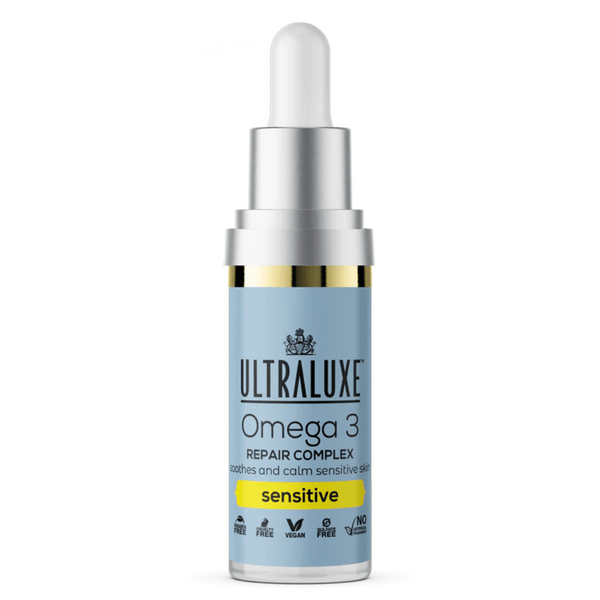 Ultraluxe Skincare Omega-3 Repair Complex (Sensitive) in a blue dropper bottle designed to soothe and calm sensitive skin, featuring vegan and cruelty-free skincare benefits.