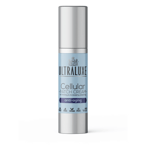 Bottle of Cellular Patch Cream | Ultraluxe Skincare with anti-aging formula designed for firming and increasing skin elasticity, featuring vegan and cruelty-free labeling.