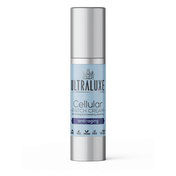 Bottle of Cellular Patch Cream | Ultraluxe Skincare with anti-aging formula designed for firming and increasing skin elasticity, featuring vegan and cruelty-free labeling.