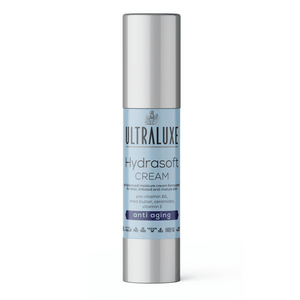Hydrasoft Cream | Ultraluxe Skincare in a sleek silver and blue bottle, designed for moisturizing and anti-aging with pro-vitamin B5, shea butter, ceramides, and vitamin E.