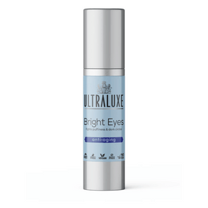 Bright Eyes - Eye Cream Treatment | Ultraluxe Skincare bottle in light blue with silver cap, designed to reduce puffiness and dark circles with anti-aging benefits.