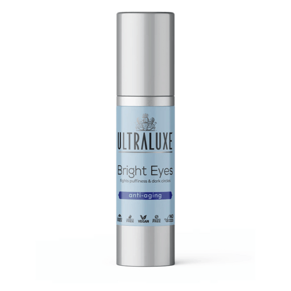 Bright Eyes - Eye Cream Treatment | Ultraluxe Skincare bottle in light blue with silver cap, designed to reduce puffiness and dark circles with anti-aging benefits.