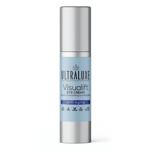 Visualift Eye Cream | Ultraluxe Skincare in a sleek silver and light blue pump bottle, designed for anti-aging and instant smoothing in skincare routines.