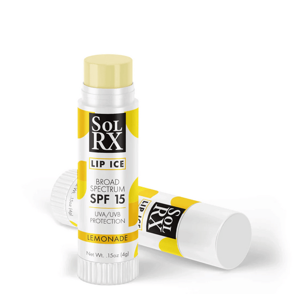 Lip Ice SPF 15 Lip Balm | SolRX in lemonade flavor, providing broad spectrum UVA/UVB protection for skincare and lip care.