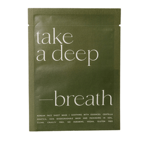 Korean Sheet Mask - Take a Deep Breath | Lucky Owl skincare product in green biodegradable packaging with soothing centella asiatica essence, cruelty free and vegan.