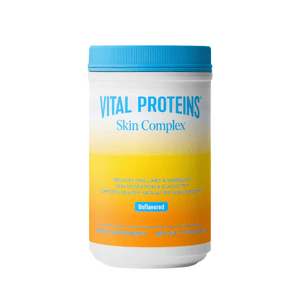 Container of Skin Complex - Unflavored | Vital Proteins dietary supplement with blue lid and yellow gradient label promoting skin hydration, elasticity, and wrinkle reduction.