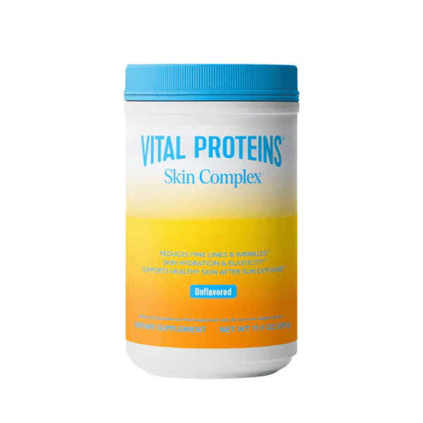 Container of Skin Complex - Unflavored | Vital Proteins dietary supplement with blue lid and yellow gradient label promoting skin hydration, elasticity, and wrinkle reduction.