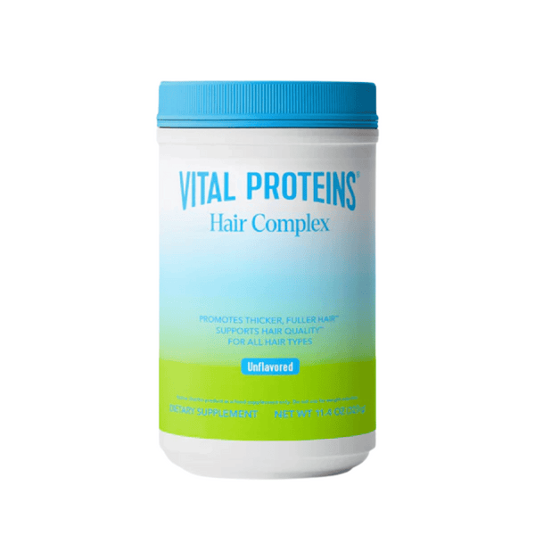 Container of Hair Complex - Unflavored | Vital Proteins dietary supplement with blue lid and white and green label promoting thicker, fuller hair and supporting hair quality.