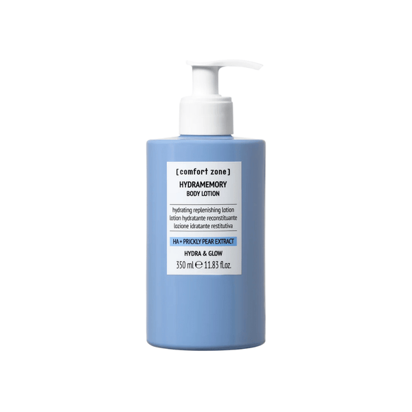 Hydramemory Body Lotion | [ comfort zone ] in a blue bottle with white pump, hydrating and replenishing skincare with HA and prickly pear extract for glowing body care.