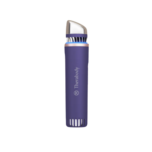 TheraFace Depuffing Wand | Therabody in purple with a sleek silver curved tip designed for skincare and wellness routines to reduce puffiness and enhance facial recovery.