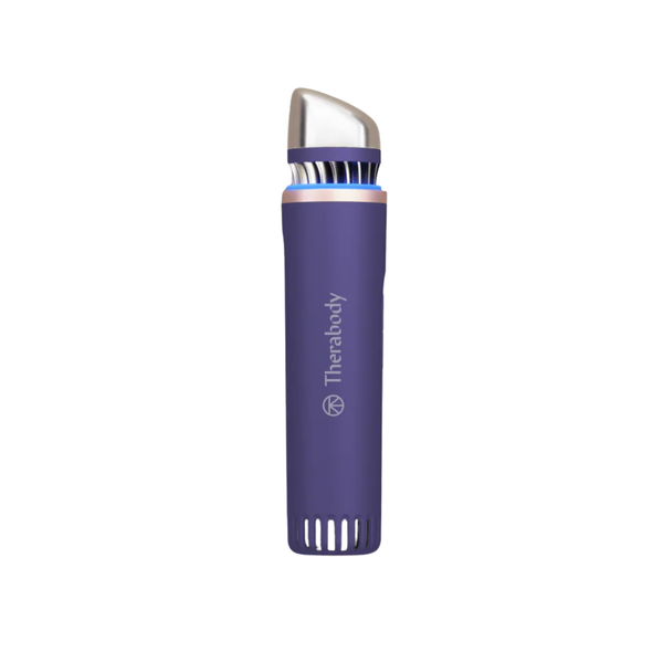 TheraFace Depuffing Wand | Therabody in purple with a sleek silver curved tip designed for skincare and wellness routines to reduce puffiness and enhance facial recovery.