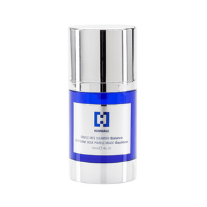Gentle Face Cleanser - Balance | Hommage in a sleek blue and silver bottle designed for skincare and gentle facial cleansing.
