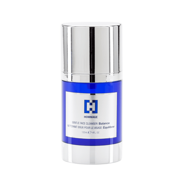 Gentle Face Cleanser - Balance | Hommage in a sleek blue and silver bottle designed for skincare and gentle facial cleansing.