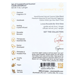 Back label of Candle & Diffuser Set - Cheer | Aluminate Life featuring product details including crystal-infused scented candle and diffuser, premium fragrance oil, handmade, healing crystals, reusable barware, therapeutic essential oils, doctor developed, phthalate and paraben free, cruelty free, vegan, and made in the USA.