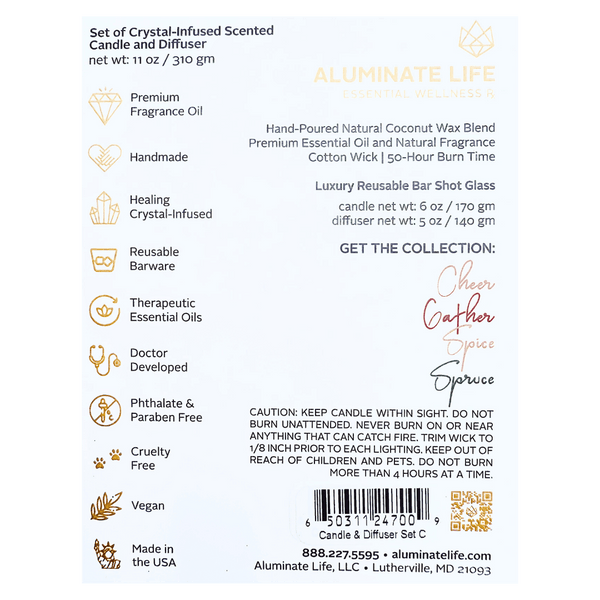 Back label of Candle & Diffuser Set - Cheer | Aluminate Life featuring product details including crystal-infused scented candle and diffuser, premium fragrance oil, handmade, healing crystals, reusable barware, therapeutic essential oils, doctor developed, phthalate and paraben free, cruelty free, vegan, and made in the USA.