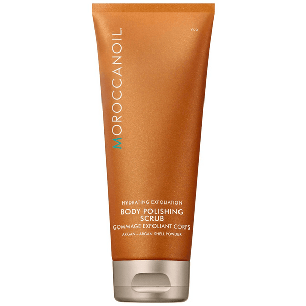 Tube of Body Polishing Scrub | Moroccanoil in copper color with white and turquoise text, designed for hydrating exfoliation and body care featuring argan and argan shell powder.