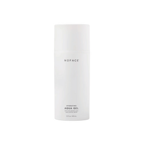 White cylindrical bottle of Hydrating Aqua Gel | NuFACE skincare product designed for moisturizing and hydration with hyaluronic acid and glacial water.