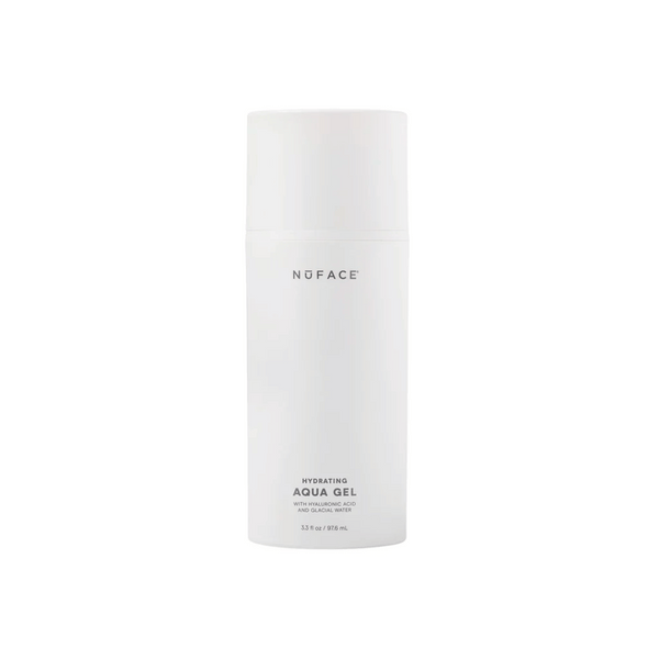 White cylindrical bottle of Hydrating Aqua Gel | NuFACE skincare product designed for moisturizing and hydration with hyaluronic acid and glacial water.