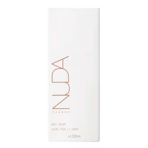 Minimalist white packaging of Body Cream | NUDA with elegant copper-colored text, designed for skincare and body care routines, containing 200ml of product.