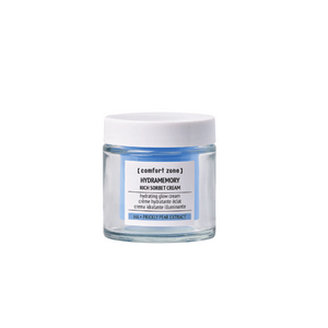 Hydramemory Rich Sorbet Cream | [ comfort zone ] in a clear glass jar with a white lid, featuring hydrating glow cream with HA and prickly pear extract for skincare.