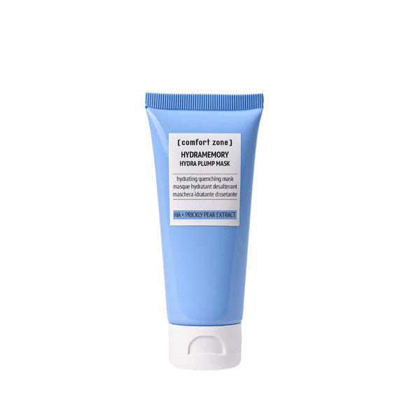 Hydramemory Hydra Plump Mask | [ comfort zone ] in a sleek blue tube, a hydrating skincare product designed to quench and moisturize skin with HA and prickly pear extract.