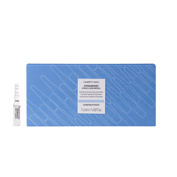 Blue box packaging and single clear ampoule of Hydramemory Hydra & Glow Ampoules | [ comfort zone ] skincare product designed for hydration and illumination in wellness and body care routines.