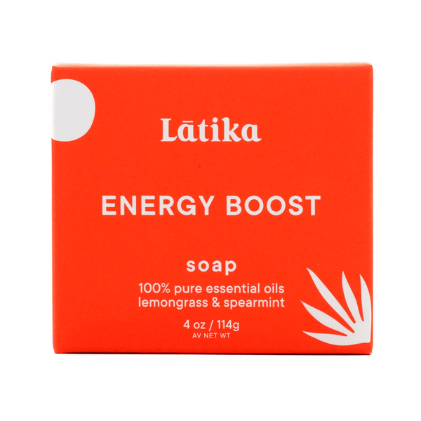 Bright orange packaging of Natural Hydrating Soap Bar | Latika labeled Energy Boost, featuring 100% pure essential oils of lemongrass and spearmint for skincare and body care.