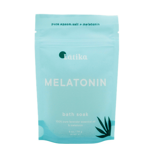 Packaging of Bath Soak | Latika in light blue with melatonin and lavender essential oil, designed for relaxation and wellness skincare routine.