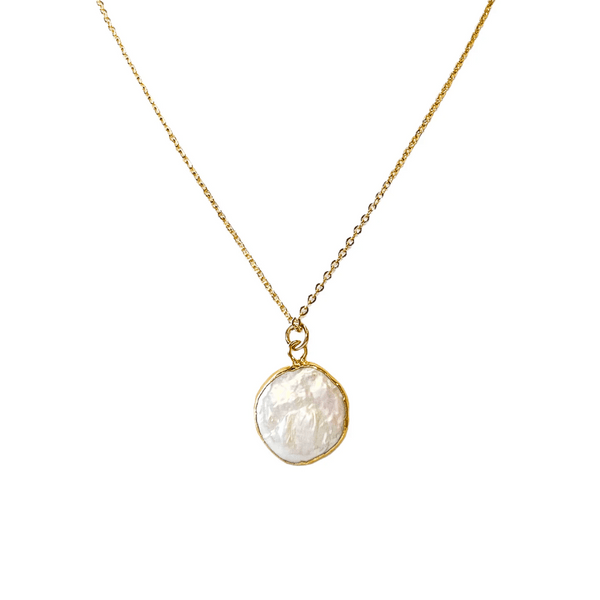 Delicate gold chain necklace featuring a round textured pearl pendant, showcasing elegant simplicity in the Pearl Necklace | Meghan Bo design.