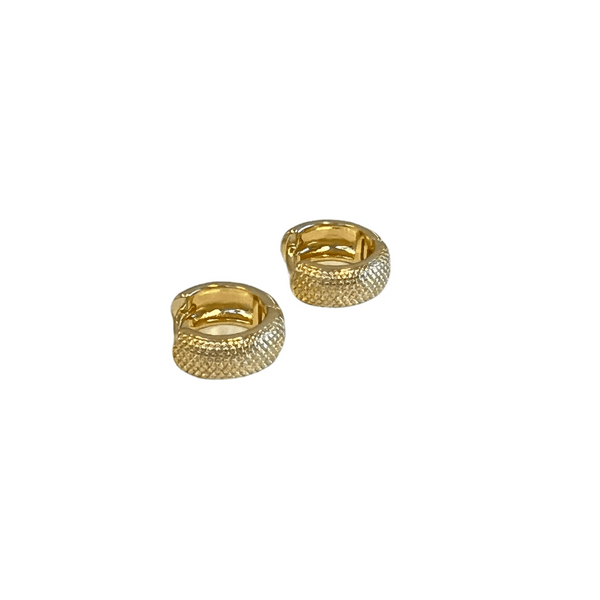 Gold Dotted Huggies 14mm | Meghan Bo small hoop earrings in gold with a textured dotted pattern, elegant and minimalist jewelry for everyday wear.