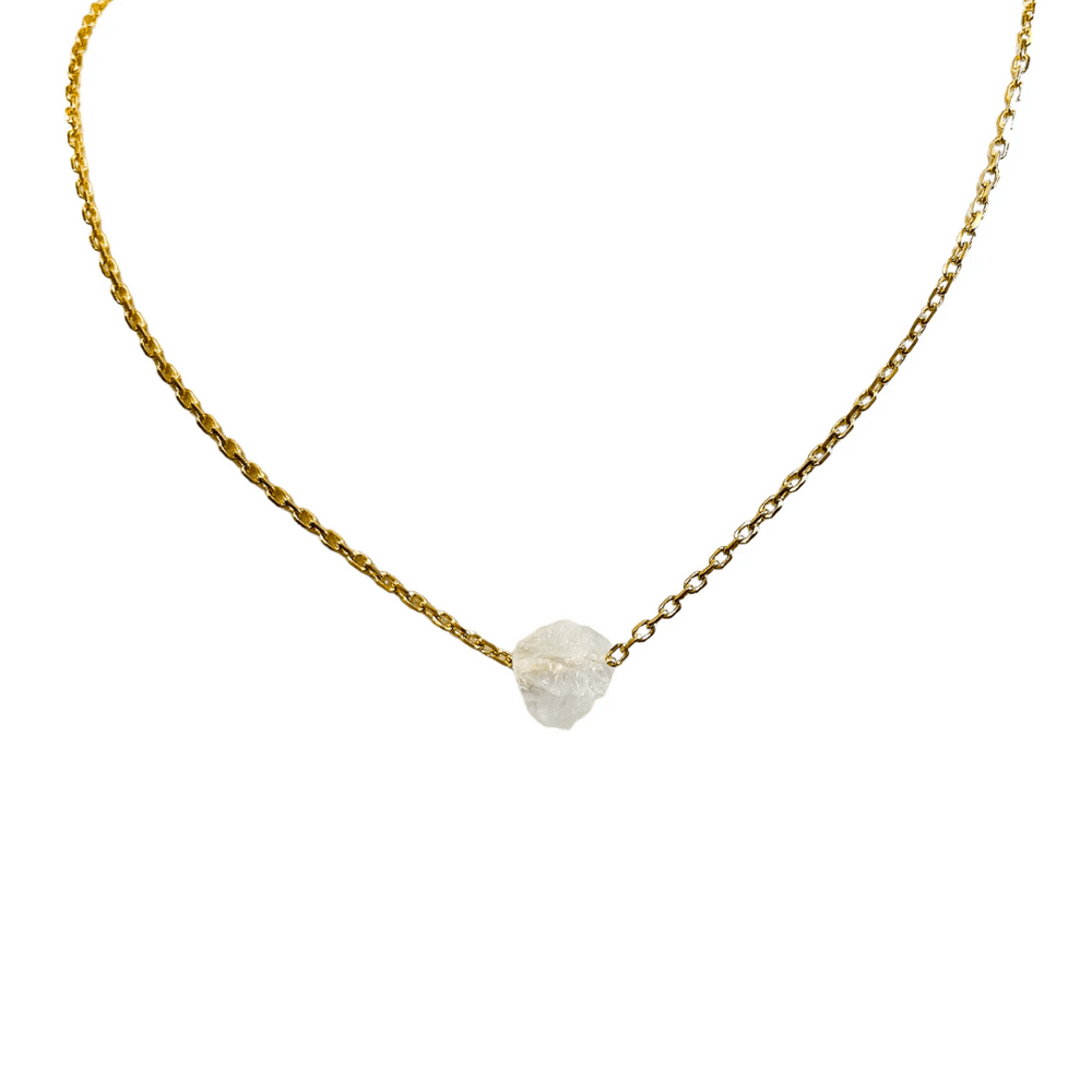 Delicate gold chain necklace featuring a single raw white birthstone pendant, showcasing minimalist elegance and natural beauty, Birthstone Necklace | Meghan Bo.