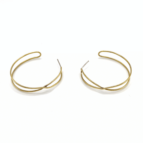 Pair of delicate gold-tone hoop earrings with a unique overlapping wire design, minimalist and elegant style by Infinity Hoops | Purpose Jewelry.